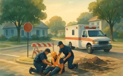 Responder and ambulance at a closed intersection after a vehicle struck a construction worker.