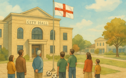 Illustration of a city hall courtyard with a flag raised and a small community gathering.
