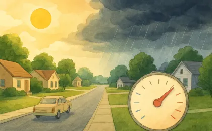 An editorial illustration of storm clouds bringing rain after a cooler stretch, with temperatures trending down then back up toward the weekend.