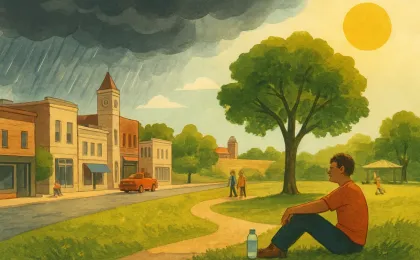 Neighborhood scene shifting from rain clouds to hot sunlight, with heat-safety cues like shade and water