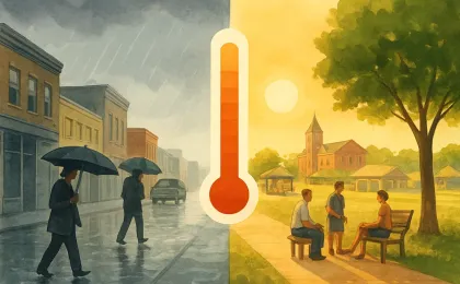 Illustration of a rainy Kansas City street turning into a hot, humid weekend with heat-safety shade and breaks