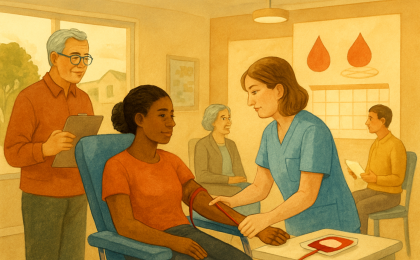 A hopeful scene of community members volunteering to donate blood in a welcoming setting.