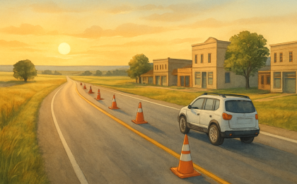 A rural U.S. 73 work zone near a small town edge with controlled lanes and construction equipment.