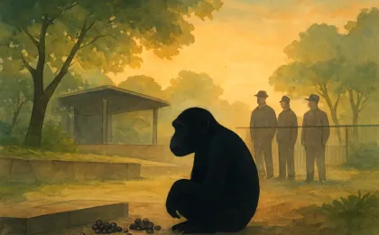 Illustration of a serene zoo enclosure at dawn with a chimpanzee and distant zoo staff, conveying the feeling of loss.