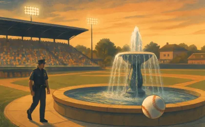 Illustration of Kansas City’s baseball stadium fountain with an officer and onlookers after a fan enters the water area