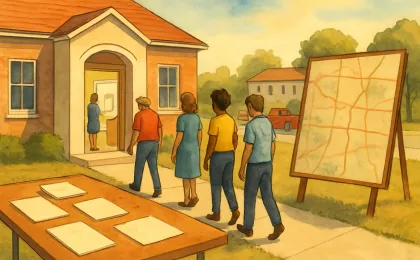 A calm illustration of residents entering a polling place with ballots and photo ID prepared for voting.