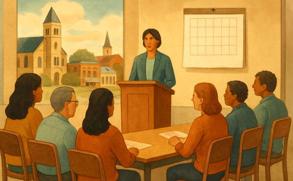 Illustration of a respectful community meeting in a civic room with leaders discussing city leadership and public concerns.