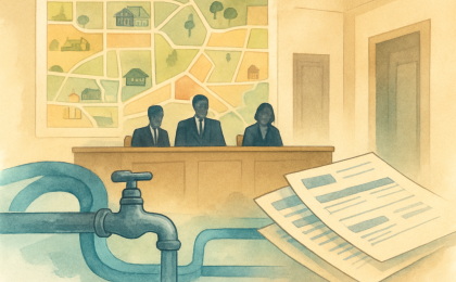 Illustration of a city council meeting with water infrastructure imagery and household billing relief themes, plus a separate legal session setting.