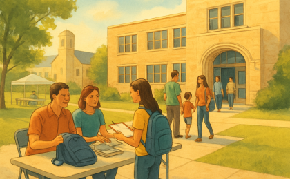 A community scene at a high school where families prepare for the new school year and student health screenings are organized.