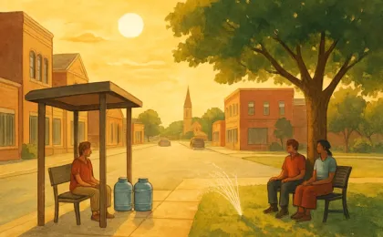 An illustration of people staying shaded and hydrated during extreme summer heat in Salina.