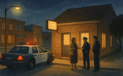 Nighttime illustration of a motel exterior with responders nearby after a threat call, shown in a calm, non-graphic scene.