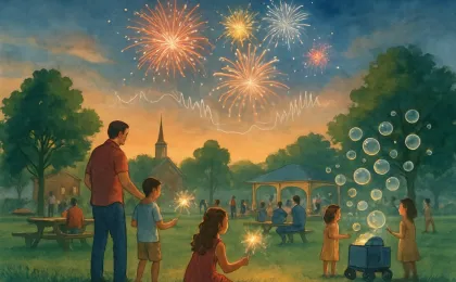 Families gather in a park at night as synchronized fireworks burst over the sky and bubbles float nearby.