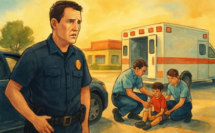 Police officer and EMS personnel respond beside a car in hot weather while children receive care near a restaurant area.
