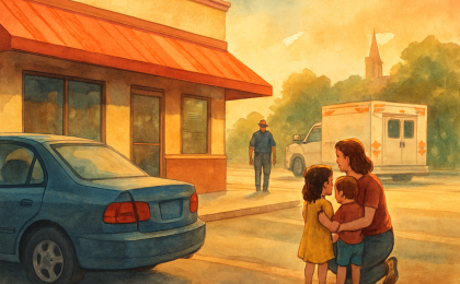 Illustration showing a parked car in hot sunlight near a fast-food storefront, suggesting a child-safety emergency response and protective care.