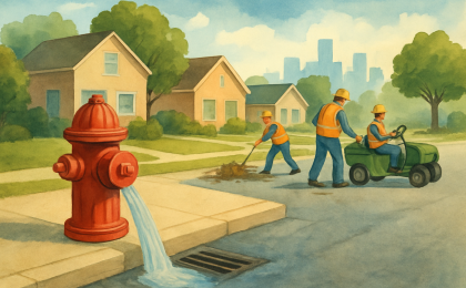 A fire hydrant on a Salina-style street with water flow and a municipal crew clearing storm debris nearby.