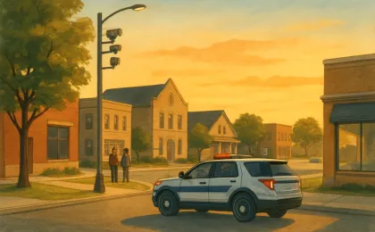 Dusk street scene with mounted traffic cameras and a police vehicle, suggesting community safety monitoring and an ongoing investigation.