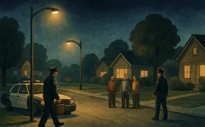 Nighttime illustration of a Salina neighborhood with police vehicles present and neighbors safely observing after a reported incident.