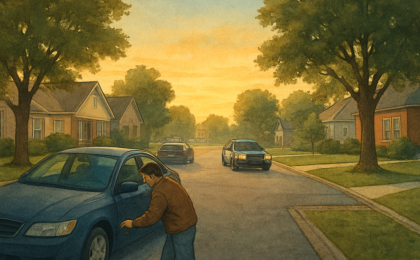 Artist’s illustration showing a dawn street scene with parked cars and police arriving, alongside the idea of locking vehicles to prevent theft.
