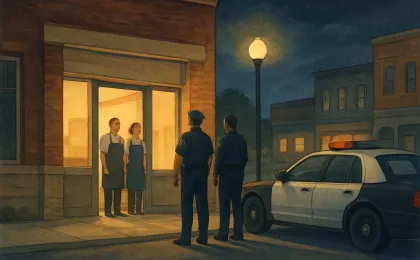 An evening scene outside a generic store with a police cruiser and responders ensuring an orderly situation.