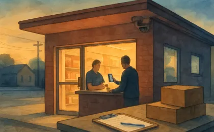 Dusk scene outside a small store with a contactless payment gesture and a security camera above, reflecting a reported card-fraud investigation.
