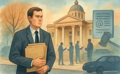 An original illustration of a courthouse setting with a case file holder representing a local legal dispute over a dismissed perjury charge.