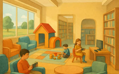 A warm illustration of a redesigned youth section in a library with seating, a play area, books, and a gaming station.