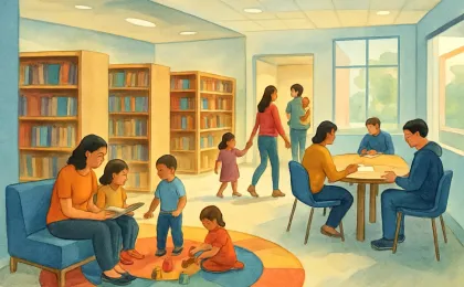 A bright, modern library youth area with a play zone and teen reading nook, shown welcoming families during an open house.
