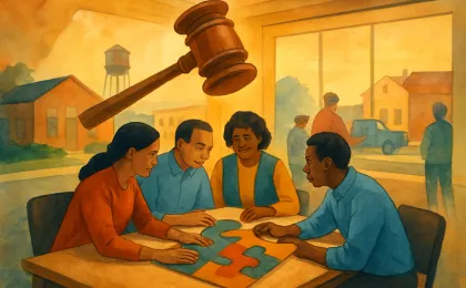 Volunteers and club members collaborate in a community hall, symbolizing a leadership handoff and ongoing service work