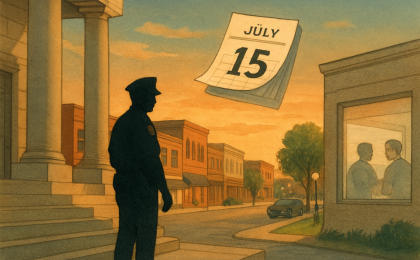 An illustration of a courthouse and a July calendar turning page, with subtle law-enforcement action implied through motion and paperwork handling