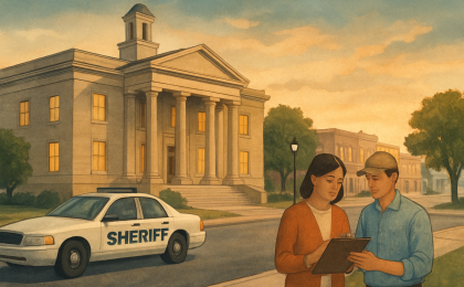 Artist’s illustration showing calm civic streets near a courthouse and a sheriff’s vehicle, symbolizing coordinated public-safety action.