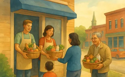 Volunteers distribute free groceries from a small community pantry setting in Salina.