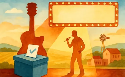 Abstract illustration of a spotlighted stage and microphone with a Kansas-themed background and a generic ballot box for a music hall of fame selection.