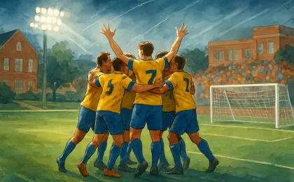Illustration of Central Kansas United celebrating a championship win with a crowd and a soccer goal in the background.