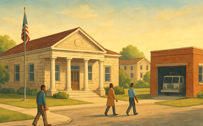 Illustration of civic buildings representing Salina’s housing progress and public safety projects.