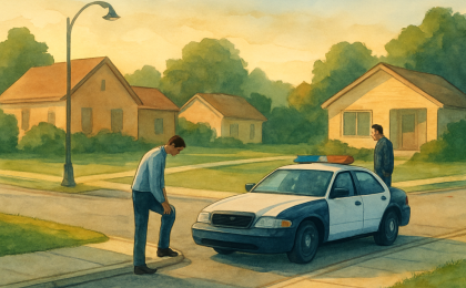 Illustration of early-morning street scene with a patrol car and two separated figures following a workplace dispute.
