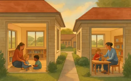 Warm, family-friendly early learning spaces with children and caregivers connected by a pathway to represent a planned YMCA center transition.