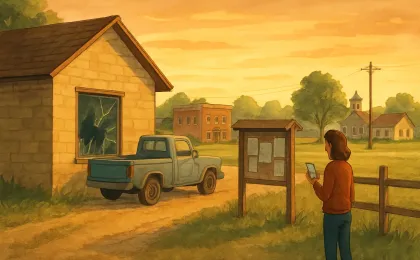 Rural driveway scene with an older pickup and a community member ready to report a tip anonymously