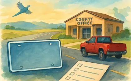 Illustration of a vehicle with an uncovered license plate and wildlife-themed conservation symbols near a licensing office, representing proposed license plate and commercial driving rule changes.