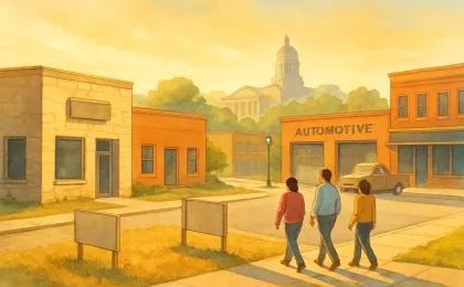 Illustration of a Kansas town block with a vacant lot near health and service buildings, suggesting a community organization preparing to sell property.