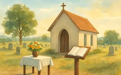 Illustration showing a quiet chapel interior with flowers and an open guestbook for remembrance.