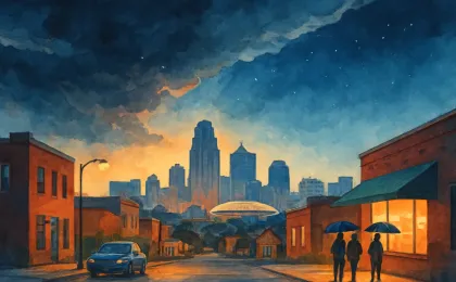 Editorial illustration showing storm clouds clearing over a Kansas City skyline with a few umbrellas as the weather turns calmer.