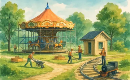 Illustration of a carousel under renovation near a miniature train depot in a city park setting
