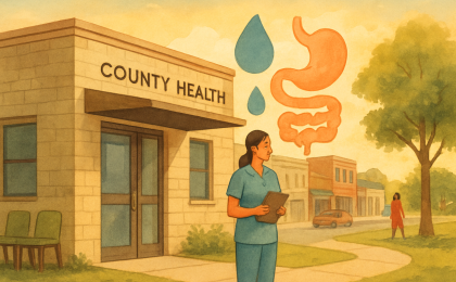 Illustration of a county health office with a healthcare worker and gentle symbols representing gastrointestinal illness investigation
