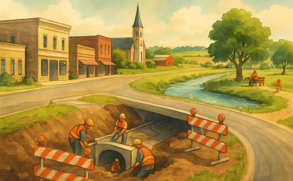 Illustration showing temporary road closures with workers repairing a drainage culvert near a rural road crossing