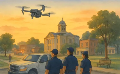 A drone hovering above a neighborhood while responders prepare for an emergency response in Shawnee County.
