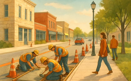 A city street scene showing sidewalk construction with controlled, narrowed lanes and workers near fresh concrete.