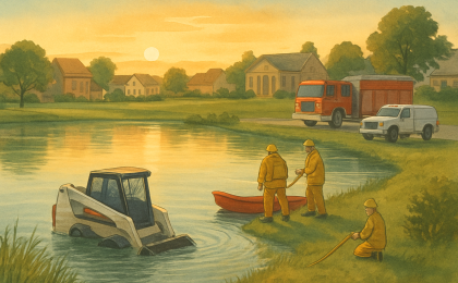 Firefighters assisting a water rescue at a pond beside a partially submerged work machine.
