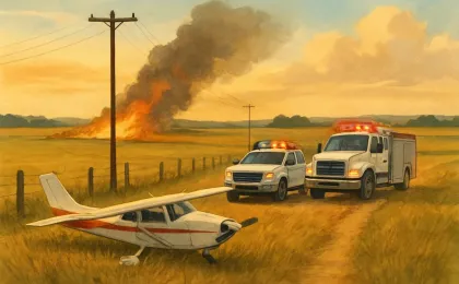 Rural emergency scene showing a small aircraft near a pole with smoke and fire, with responders’ vehicles nearby.