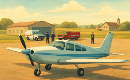 A small airplane makes an emergency landing at a rural runway while responders assist at a safe distance.