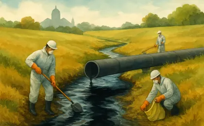 Cleanup crews work along a rural creek near an oil pipeline while a courthouse stands in the background.